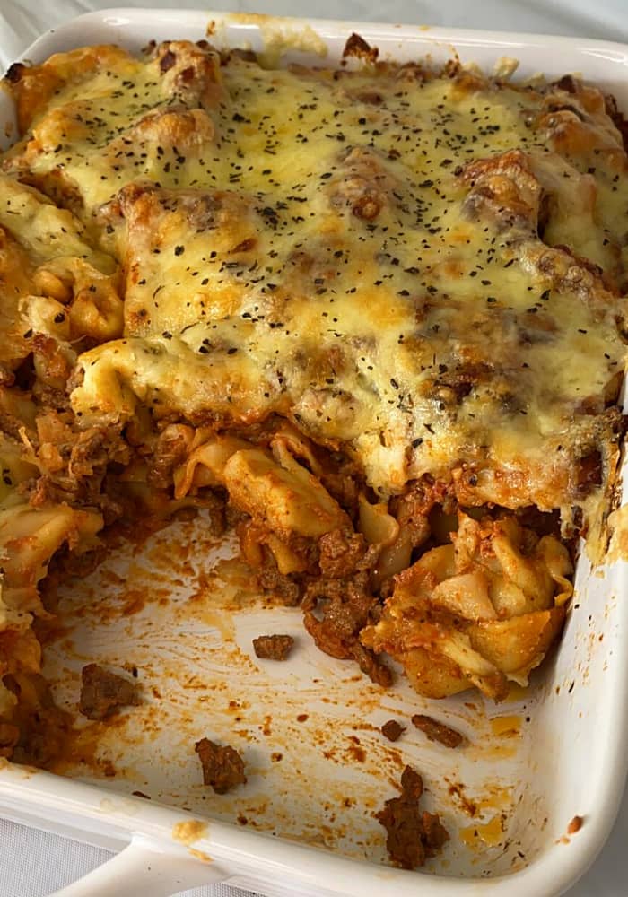 Easy Cheesy Baked Tortellini (With Meat Sauce)