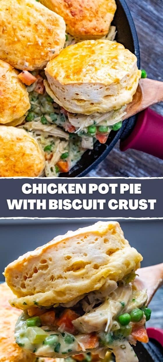 Homemade chicken pot pie with biscuit crust